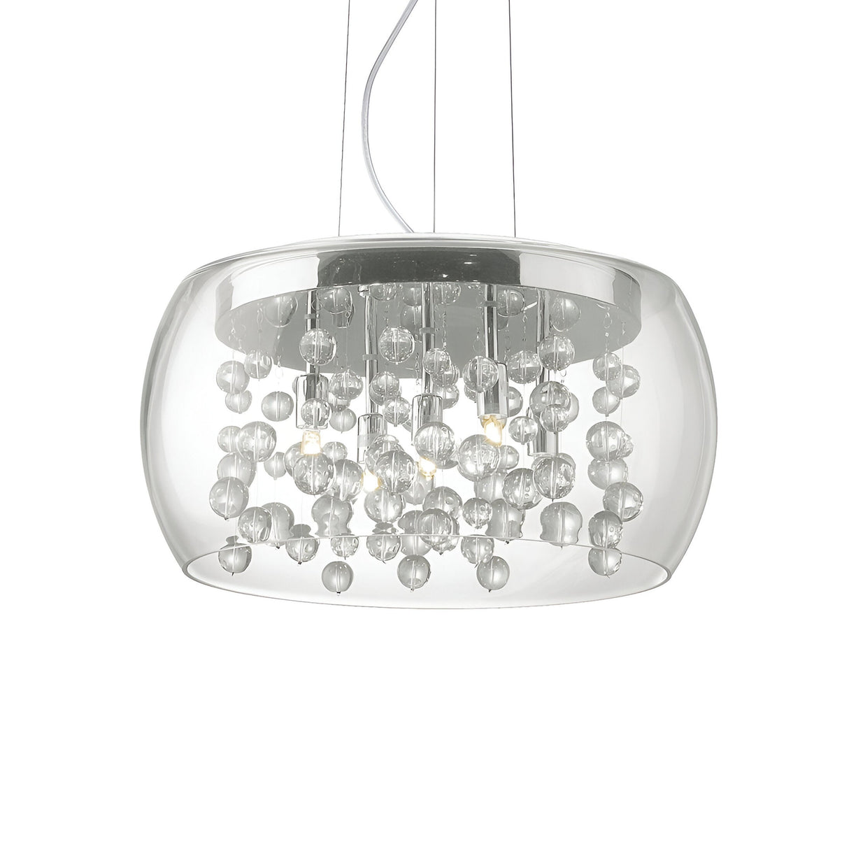 Introducing the Flarestar 5 Light Glass Pendant - Clear, showcasing a sleek contemporary design with a transparent glass dome adorned with crystal orb accents. This exquisite pendant light softly illuminates your space, featuring dimmable lighting and a sturdy interior metal framework that enhances its decorative and elegant appeal.