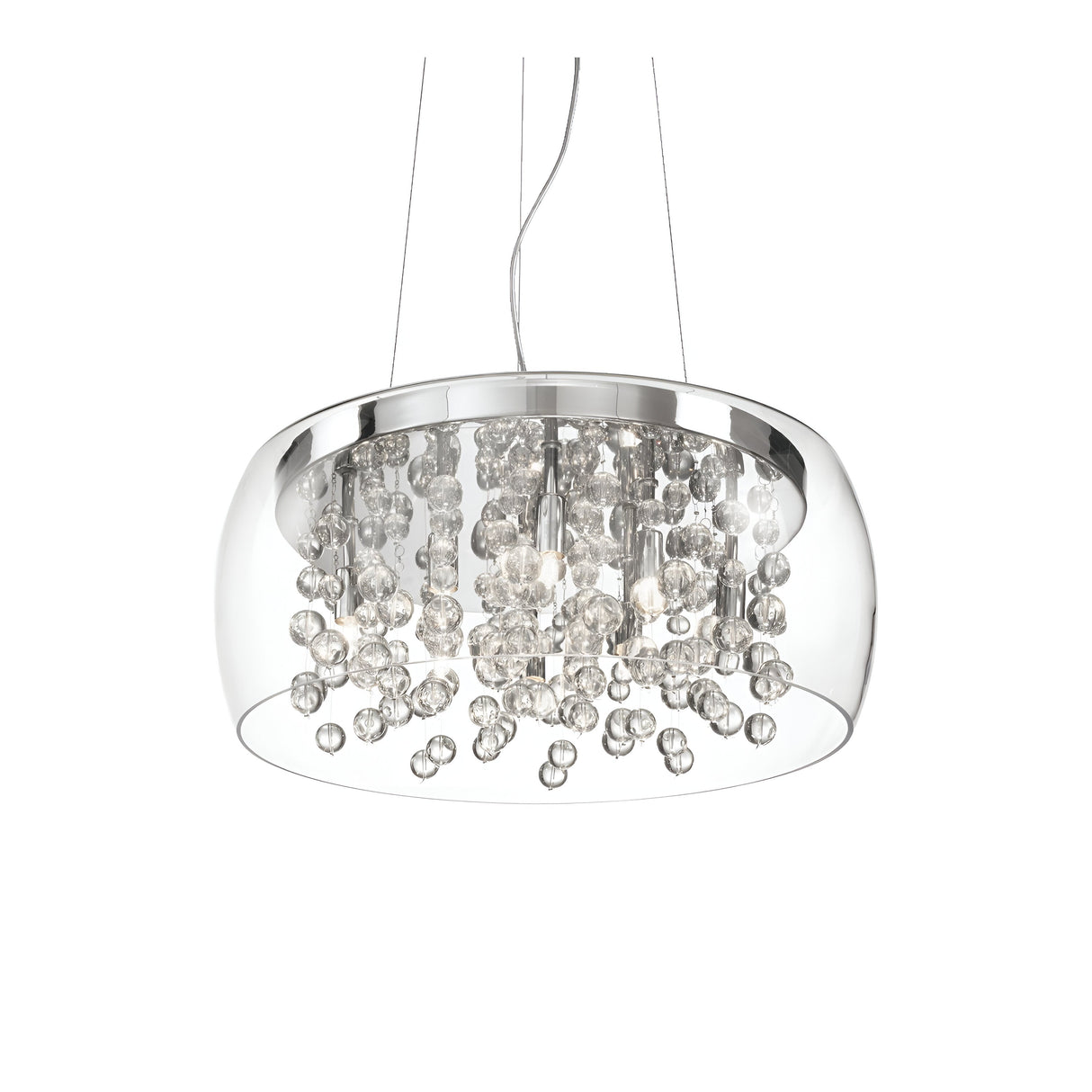 The Flarestar 8 Light Glass Pendant - Clear showcases a contemporary chrome finish with clusters of clear glass shades and crystals. This round fixture, suspended by slender wires, provides dimmable lighting for a sophisticated and stylish look.