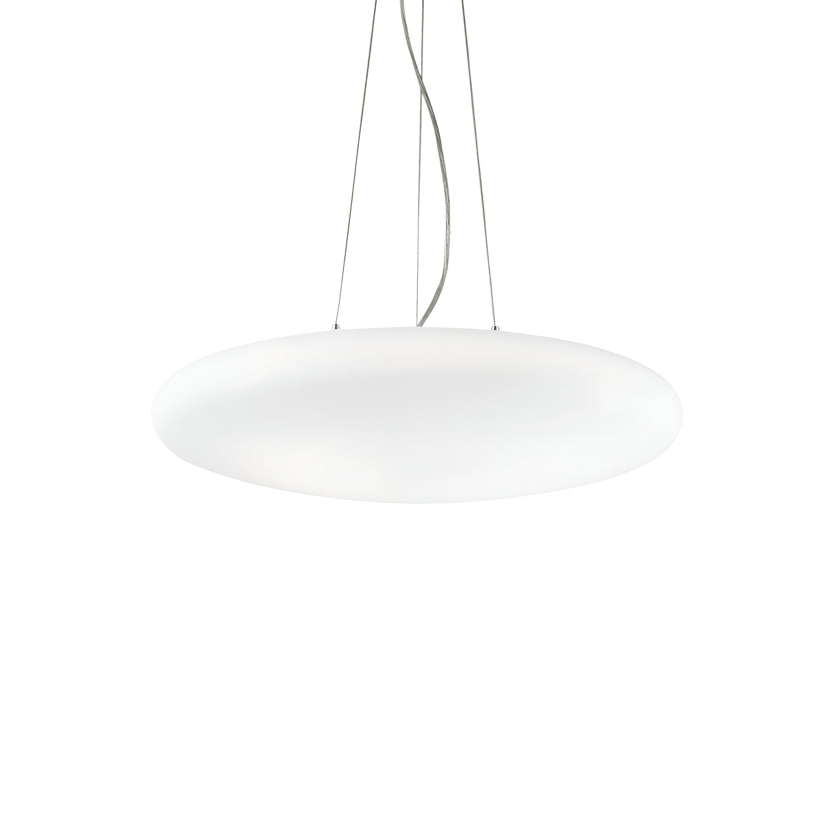 The Orlix 5 Light Pendant - White, 60cm showcases a sleek, modern minimalist style with its smooth, flat circular design crafted from elegant white blown glass. It is elegantly suspended by three adjustable steel cables against a simple white background.