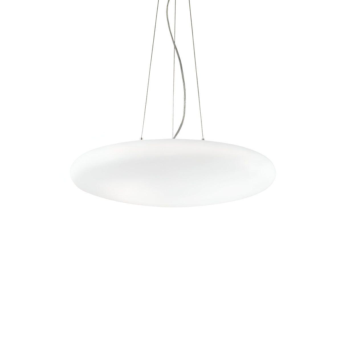 A modern Orlix 3 Light Pendant in white, with an oval shape, hangs from three thin wires against a plain white background. Crafted from sleek blown glass, its minimalist design provides a contemporary look, and the adjustable height ensures perfect placement in any room.
