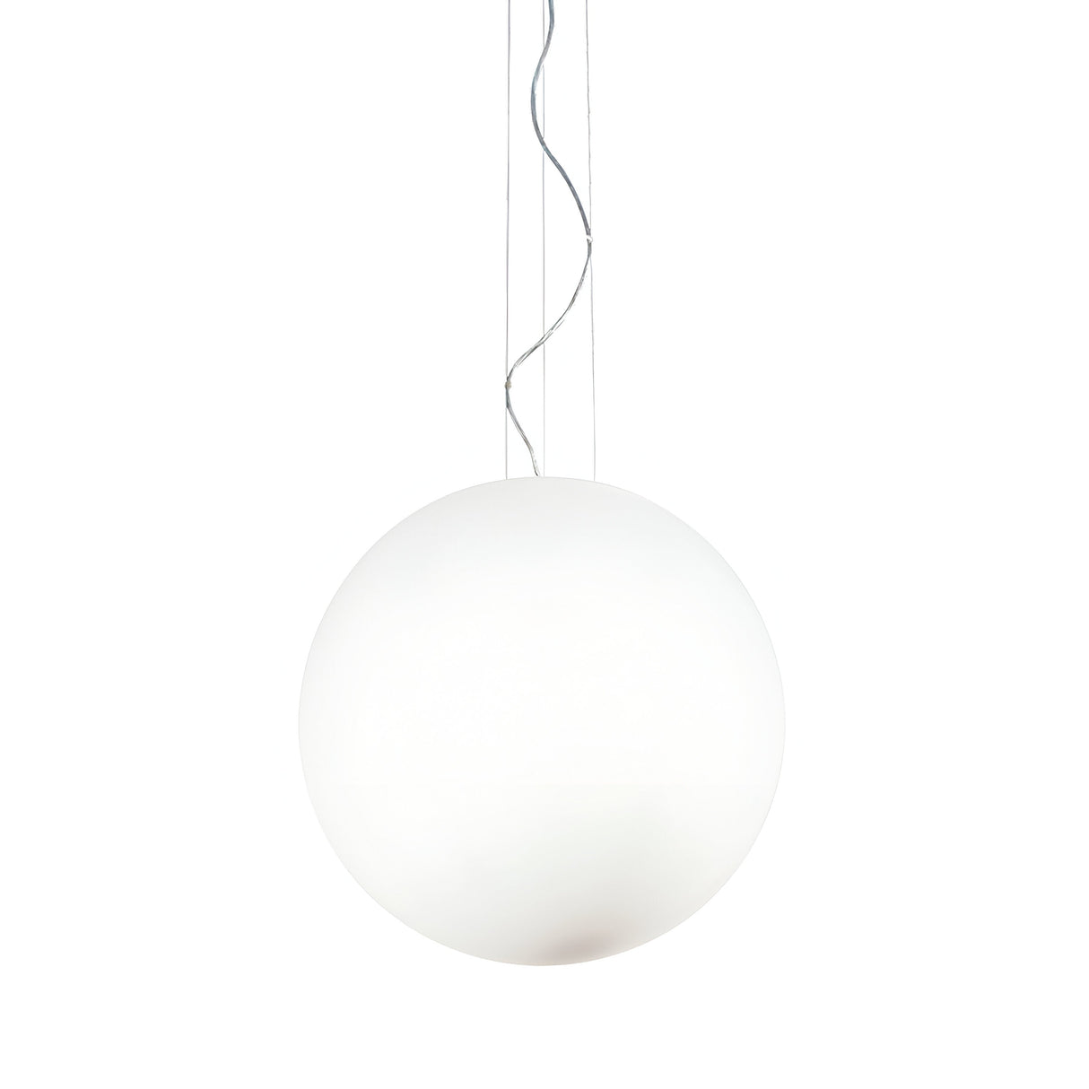 The Lyria 1 Light Glass Pendant in white, featuring a sleek 50cm metal frame, hangs suspended from thin wires against a plain white background. Its minimalist and modern design exudes elegance.