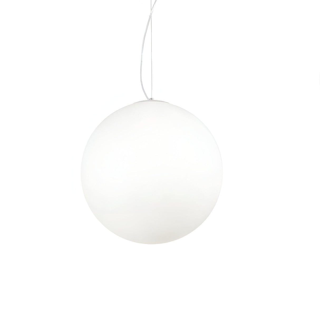 The Lyria 1 Light Glass Pendant - White, 40cm showcases a spherical lamp with a sleek, white finish hanging gracefully from adjustable steel cables. Its straightforward design epitomizes a modern and minimalist style, making it an ideal addition to any contemporary space.