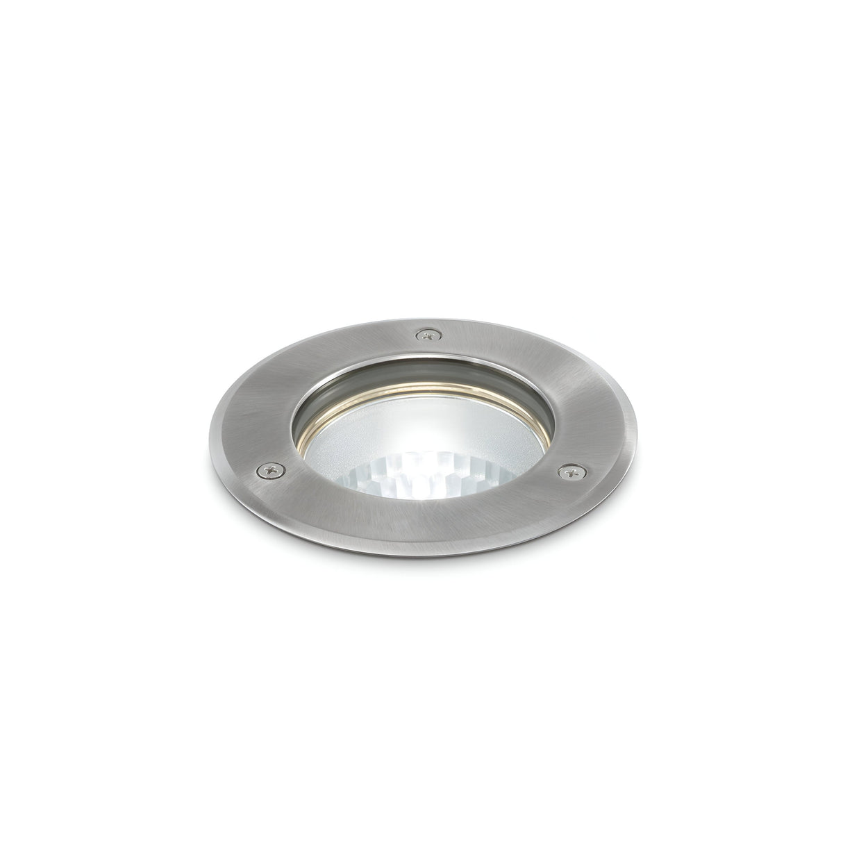 The sentence using the given product data is: A round, grey Blazewood Large Recessed Outdoor Light fixture crafted from stainless steel with an IP54 rating and a glass cover, set against a white background.
