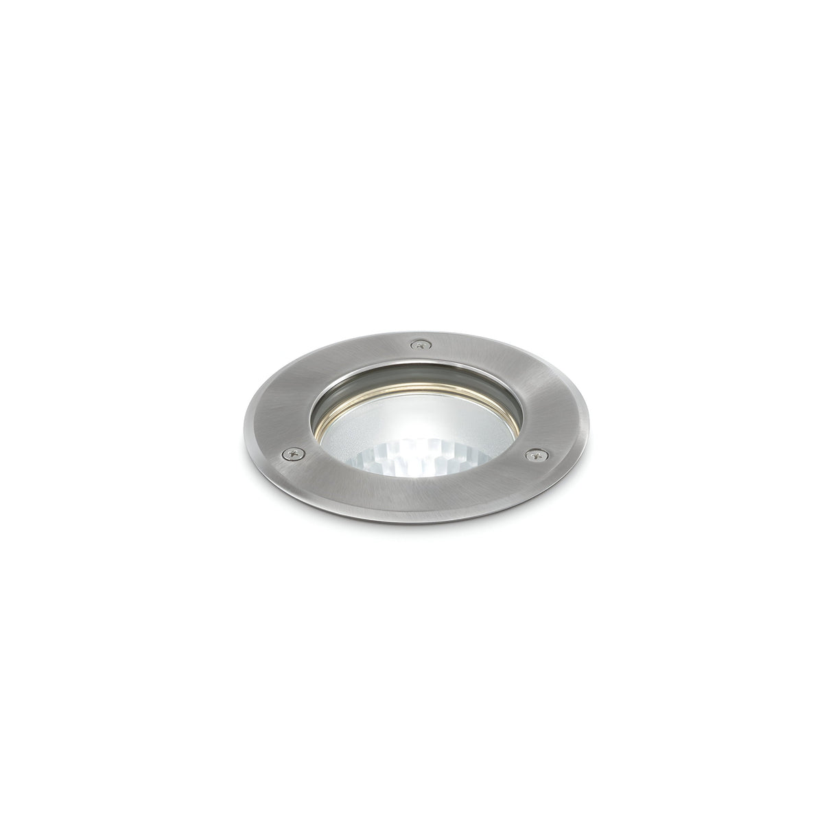 Close-up of the Blazewood Small Recessed Outdoor Light in grey, showcasing its round, silver design with an IP54 rating against a white background. The fixture includes a clear lens and is designed for flush mounting, making it ideal for outdoor use.