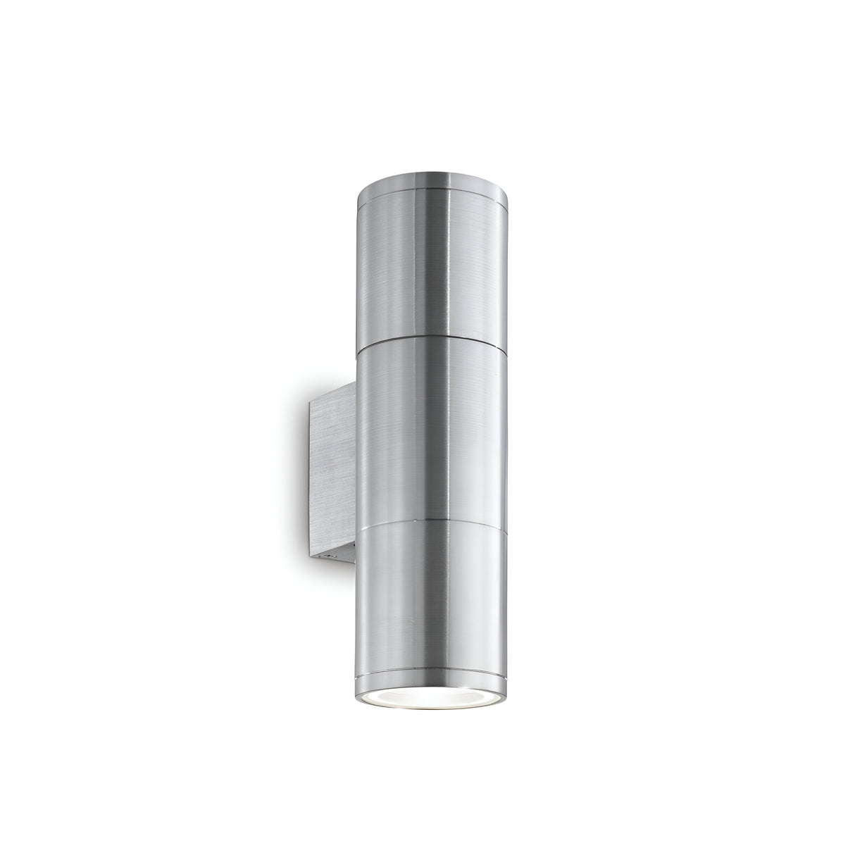 Introducing the Solar 2 Light Outdoor Small Wall Light - Chrome, a sleek cylindrical fixture with a brushed metal finish mounted on a rectangular base. This design emits light from both ends, providing a modern and minimalist lighting solution with its subtle chrome finish.