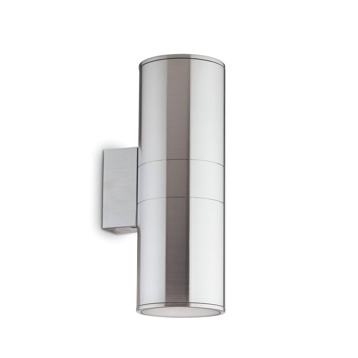 The Solar 2 Light Outdoor Large Wall Light – Chrome is a modern silver wall-mounted cylindrical fixture featuring a sleek chrome finish. It provides dual light emission for up-and-down lighting and is attached to a rectangular mounting plate, set against a plain white background.