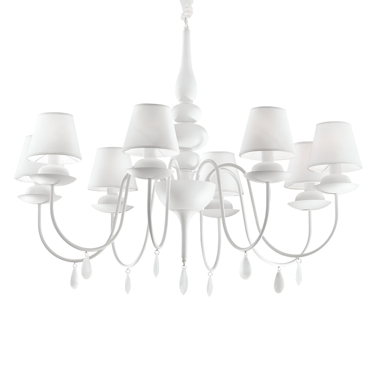 The Wisp 8 Light Chandelier in white features an elegant design with softly curved arms and eight lampshades. Teardrop ornaments accentuate its blend of modern and classic styles, making it a perfect addition to a plain white background.