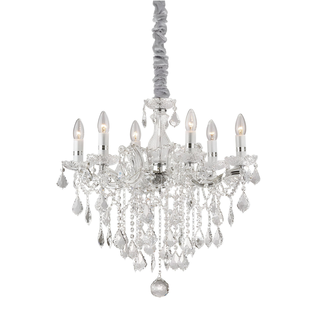 Introducing the Aurora Crystal 6 Light Chandelier in Chrome, boasting six candle-shaped lights adorned with clear crystal accents. This chandelier showcases ornate detailing and features a draped fabric-covered chain. It offers dimmable lighting options, perfect for elegant interior illumination.