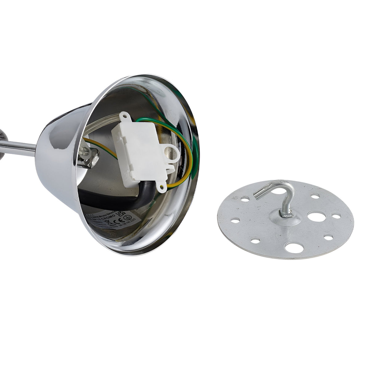 The Aurora Crystal 6 Light Chandelier - Chrome is showcased in a close-up on a white surface, featuring exposed wiring and a round metal mounting plate. Its shiny chrome finish lends elegance, reminiscent of dimmable lighting options, ideal for creating an enchanting glow in any space.