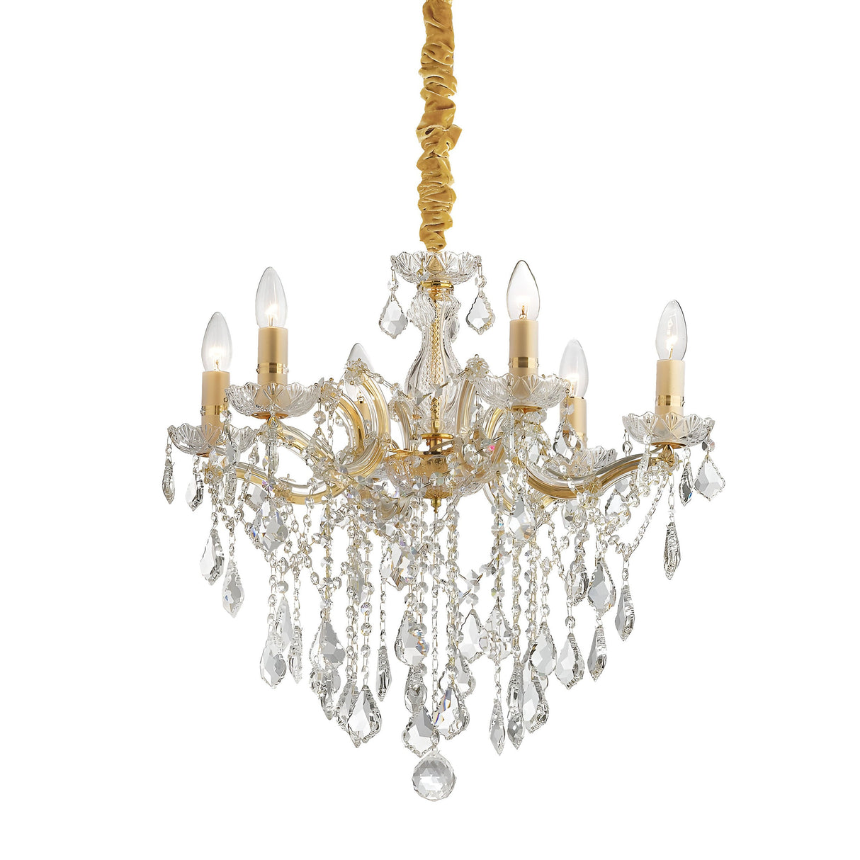 The Aurora Crystal 6 Light Chandelier - Gold is a luxurious statement piece that hangs from a golden chain, showcasing six candle-style lights surrounded by intricate ornaments. With its elegant curves and sparkling beads, it casts a sophisticated ambiance.