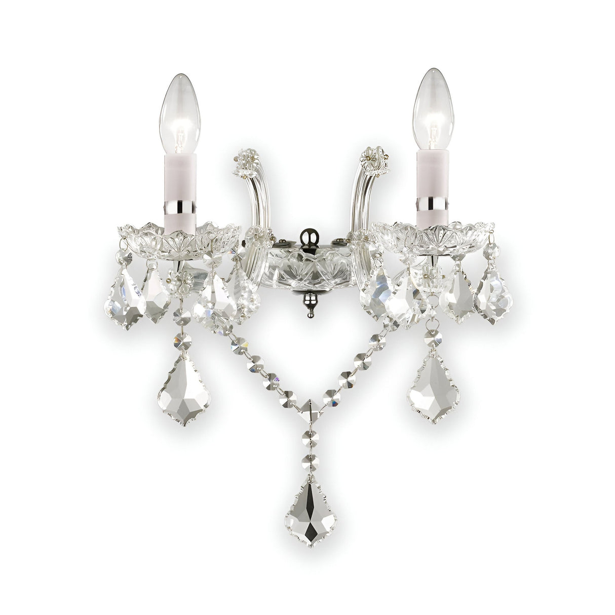 The Aurora Wall Crystal Light - Chrome is a decorative wall sconce that includes two candle-shaped bulbs. It showcases intricate crystal embellishments and dangling glass prisms, all finished in chrome for an elegant and classic design.