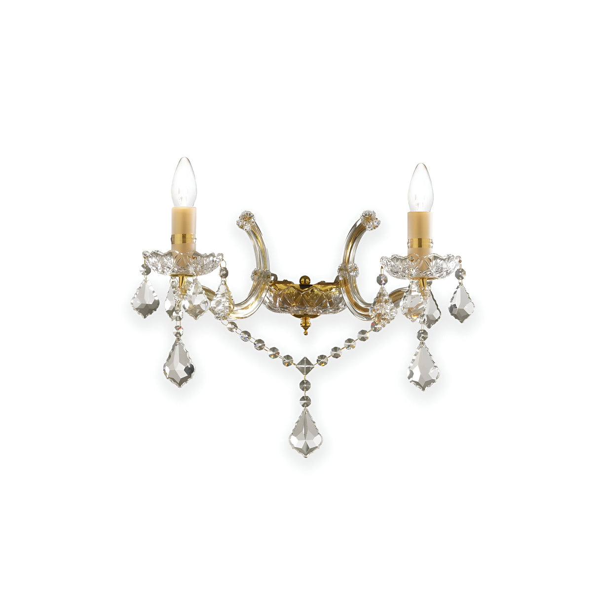 The Aurora Wall Crystal Light- Gold is a decorative sconce adorned with two candle-shaped bulbs and exquisite crystal accents. Its elegantly curved metal arms and dangling crystals evoke a classic yet luxurious aesthetic, making it an ideal gold wall light for any sophisticated setting.