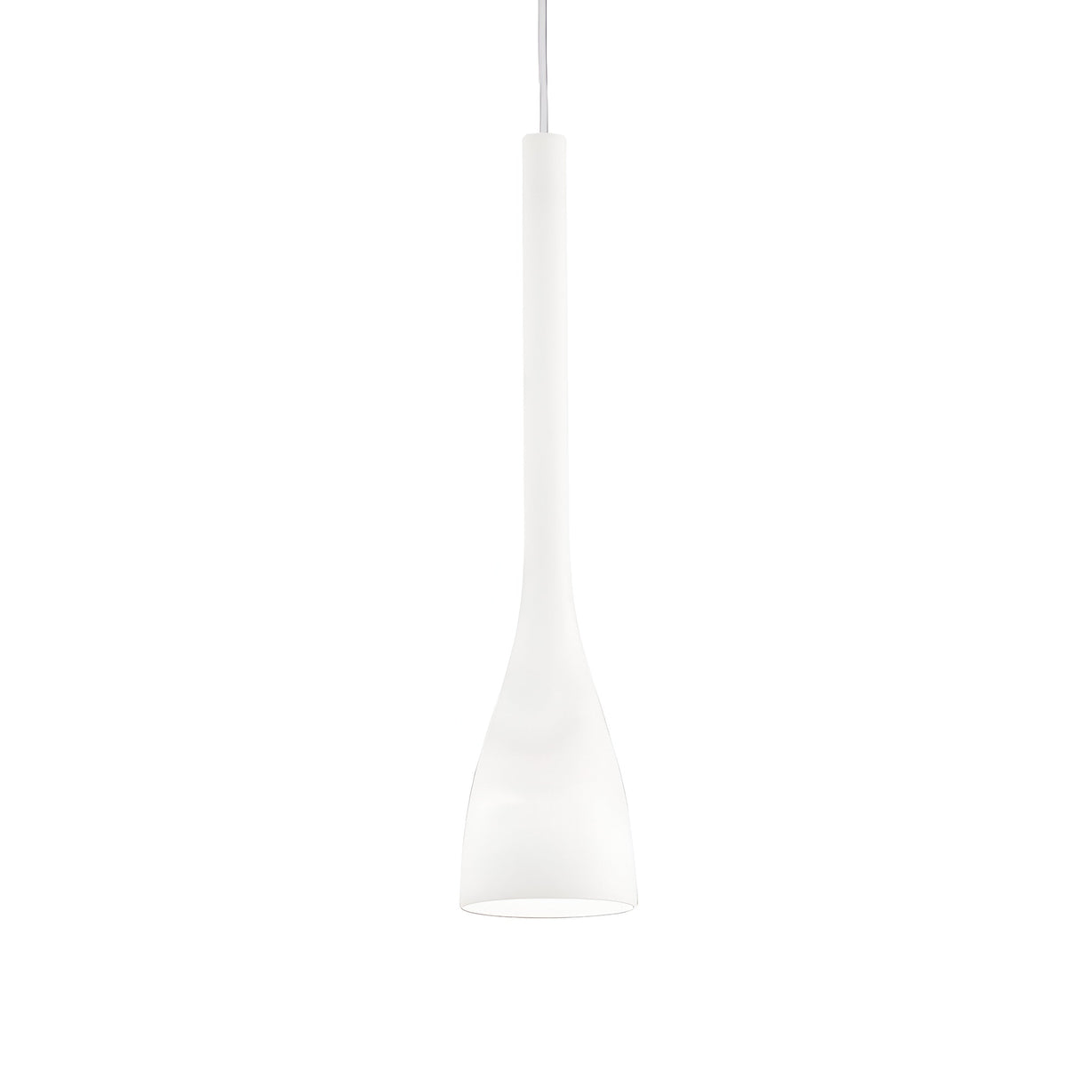 The Zenona 1 Light Large Pendant - White is a stylish and minimalist light fixture with a long, narrow neck and wide, flared end. It features a blown glass diffuser and hangs gracefully from a slender cord against a simple white backdrop, providing a contemporary lighting solution.