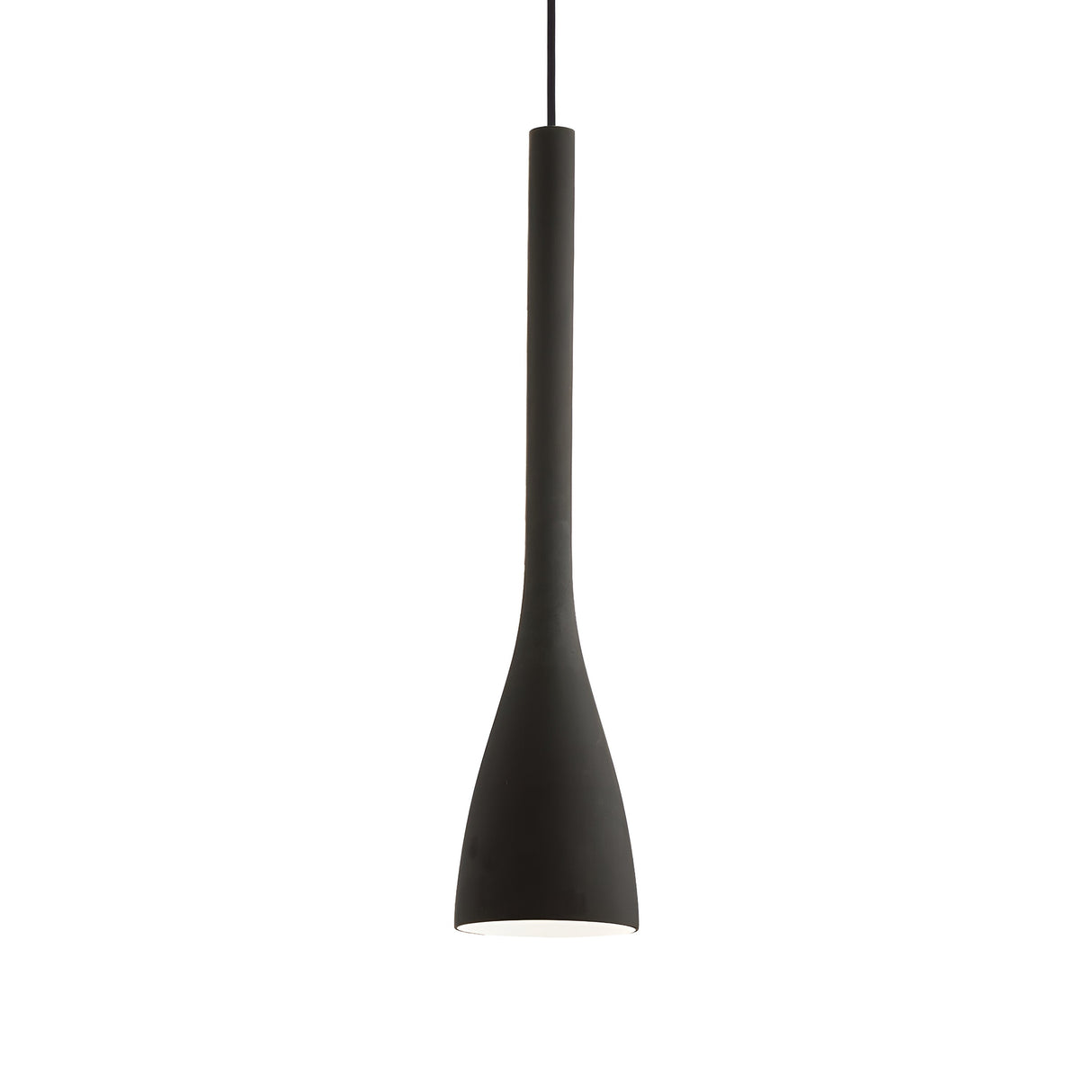 The Zenona 1 Light Large Pendant - Black is a contemporary fixture featuring an elongated design suspended from a slender cord. Its smooth, matte finish is accentuated when turned off, revealing its ambient light potential. The pendant's shape gracefully narrows from a wide top to a narrow base.