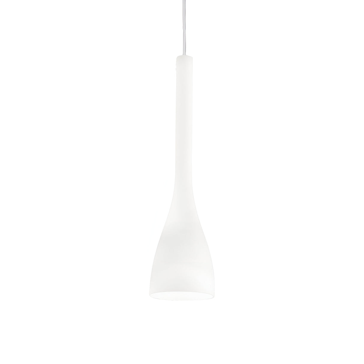The Zenona 1 Light Small Pendant in white showcases a sleek, modern design with a blown glass diffuser and an elongated, narrow neck that transitions into a subtly flared shade. This stylish lighting fixture is elegantly suspended by a cord against a plain white backdrop.