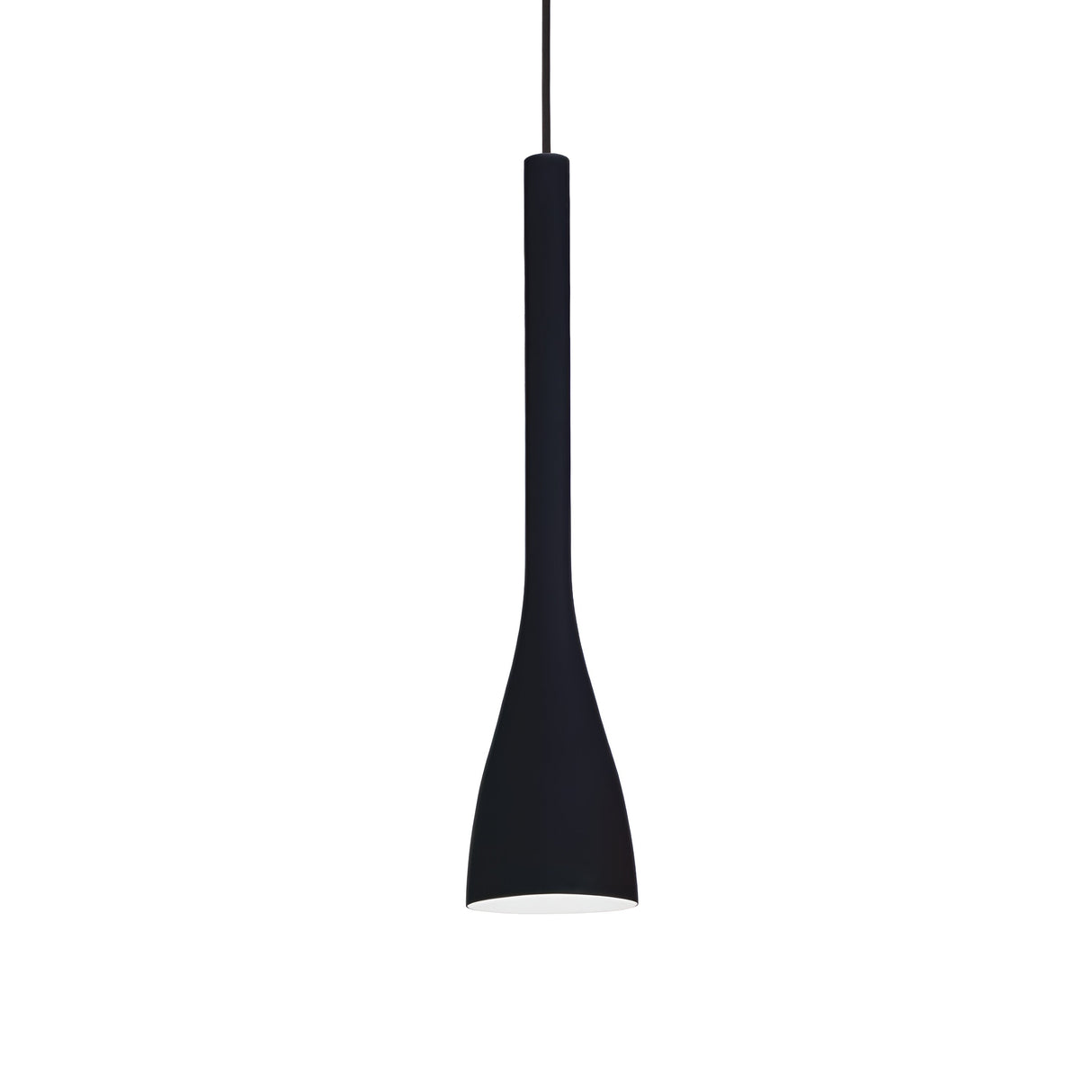 The Zenona 1 Light Small Pendant - Black is a sleek, modern lighting fixture featuring a narrow, elongated design in a smooth black finish. It gracefully hangs from a thin black cord against a plain white backdrop, bringing sophistication to any space.