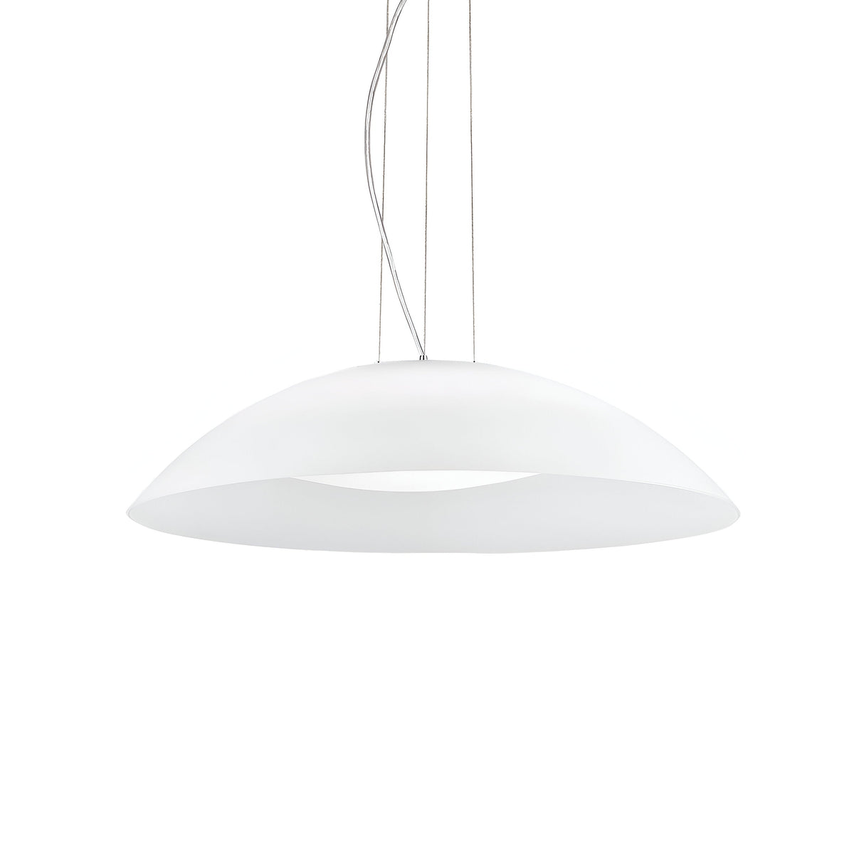 The Aurelia 3 Light Pendant - White, 64cm is a contemporary dimmable pendant light that elegantly suspends from the ceiling on slender silver cables. Featuring a sleek fixture with a minimalist, rounded design and a gently inward-tapering curved shade, it is ideal for enhancing any modern interior lighting.