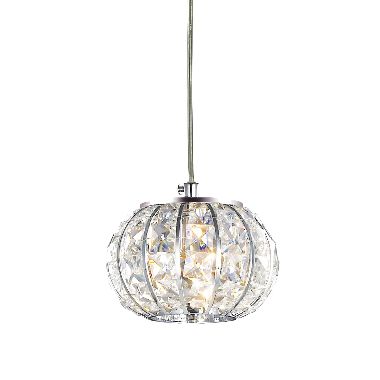 The Auroral 1 Light Crystal Pendant - Chrome features a decorative spherical design with clear crystal-like facets and chrome accents encased in a sleek silver metallic frame. It hangs from a green cord, and when illuminated, the bulb inside creates a sparkling effect with the option to dim for the perfect ambiance.