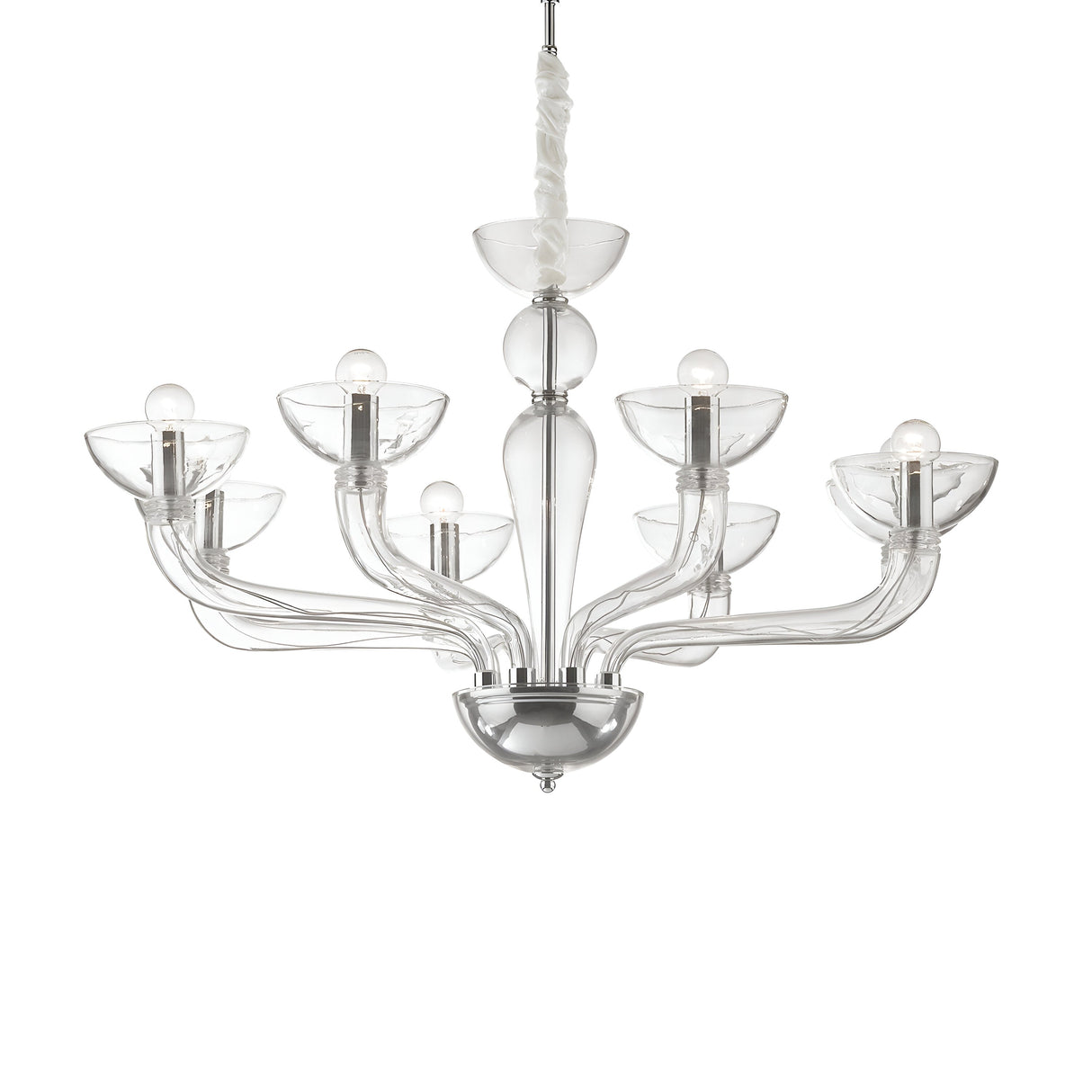 The Casio Glass 8 Light Chandelier - Chrome features a sleek central structure with eight curved glass shades, each housing a light bulb. It is elegantly suspended from a twisted, translucent cord.