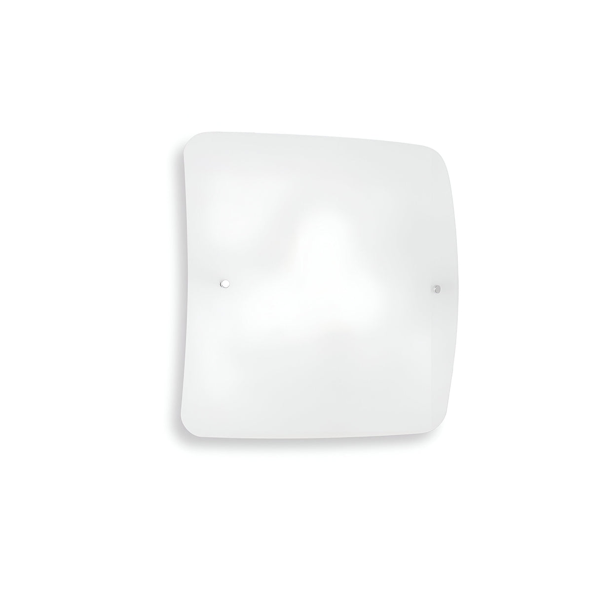 The Lunaria 2 Light Flush in white resembles a minimalist square white wall clock with a frosted glass face similar to a sandblasted transparent glass diffuser. It features sleek metal hands and is mounted using two visible screws on either side of its center, with the surface remaining clear of any numbers or markings.