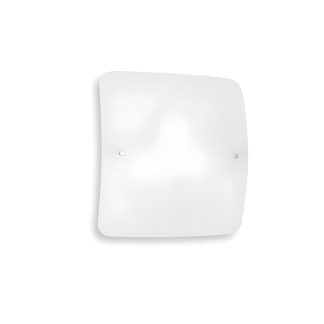 The Lunaria 2 Light Flush in white resembles a minimalist square white wall clock with a frosted glass face similar to a sandblasted transparent glass diffuser. It features sleek metal hands and is mounted using two visible screws on either side of its center, with the surface remaining clear of any numbers or markings.