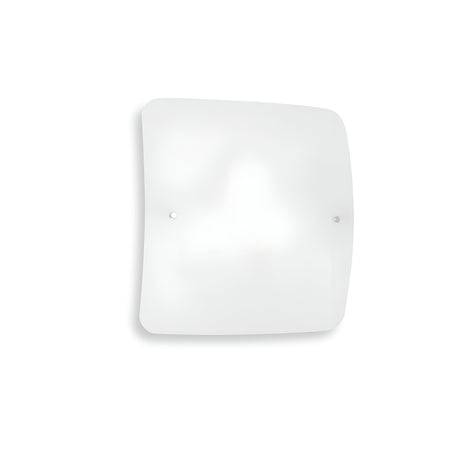 The Lunaria 3 Light Flush - White is a square-shaped wall light fixture made of frosted glass, showcasing a minimalist design with two small metal fasteners on either side. This modern lighting piece, mounted on a white wall, serves as an elegant flush mount light with its sleek glass diffuser.