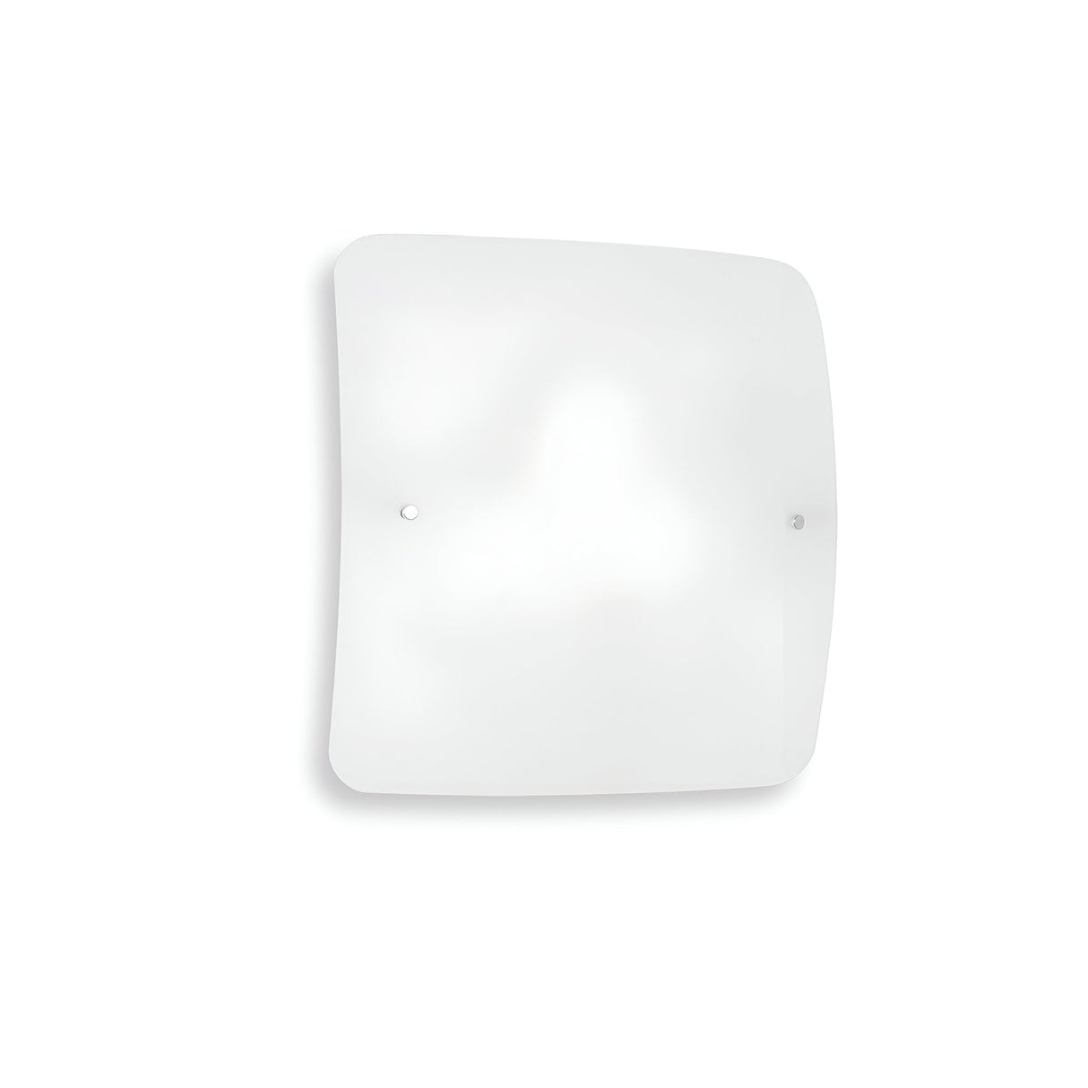 The Lunaria 4 Light Flush - White is a minimalist, square-shaped frosted glass wall lamp with rounded corners that exudes an elegant flush mount style when mounted on a white wall. It features two small, visible fasteners near the top and bottom edges for a sleek finish.