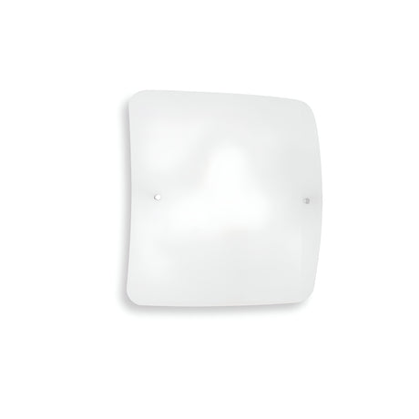 The Lunaria 4 Light Flush - White is a minimalist, square-shaped frosted glass wall lamp with rounded corners that exudes an elegant flush mount style when mounted on a white wall. It features two small, visible fasteners near the top and bottom edges for a sleek finish.