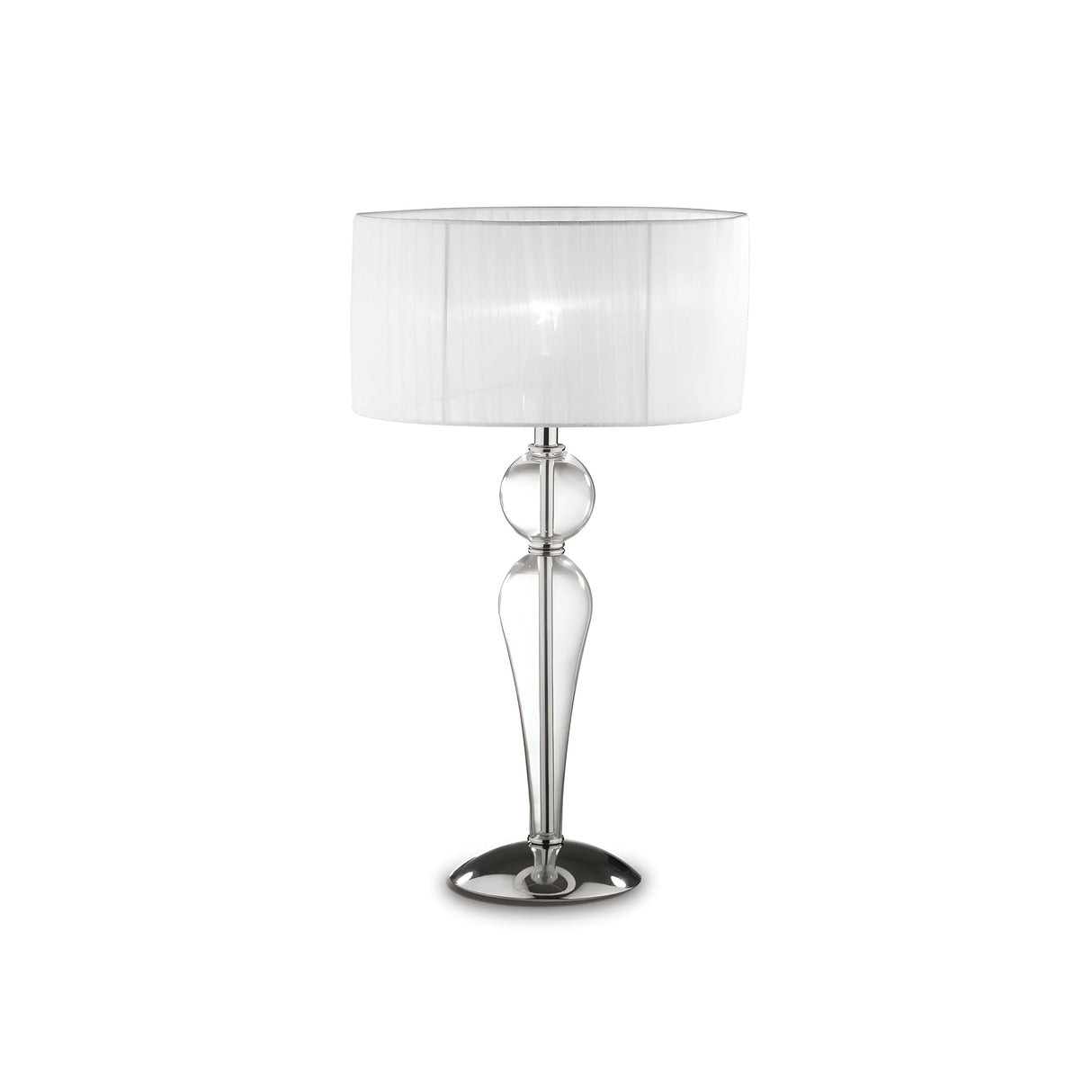 The Arclumis Large Table Lamp - Clear features a modern design with a transparent glass base and a wide fabric lampshade. Its sleek metallic stand and polished round base add an elegant, minimalist touch, ideal for any contemporary setting.
