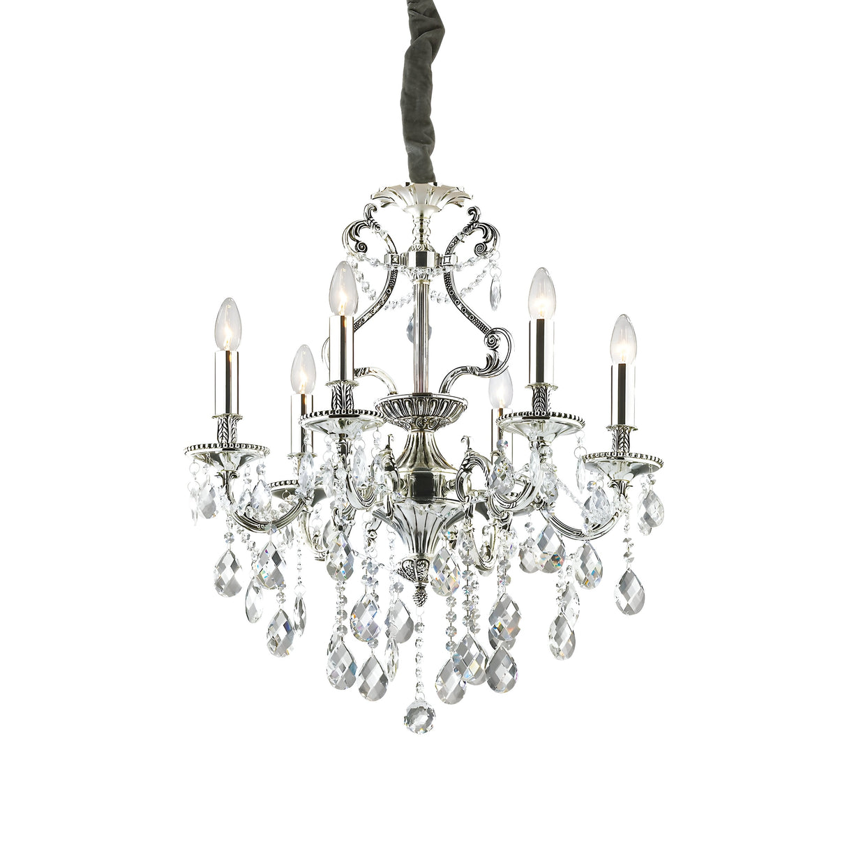 The Sonnet Crystal 6 Light Chandelier - Grey is a luxurious piece with six candle-like lights and intricate metalwork. It hangs from the ceiling, showcasing numerous dangling pendants that effortlessly combine elegance and modern features in its contemporary design, adding sparkle to any room.