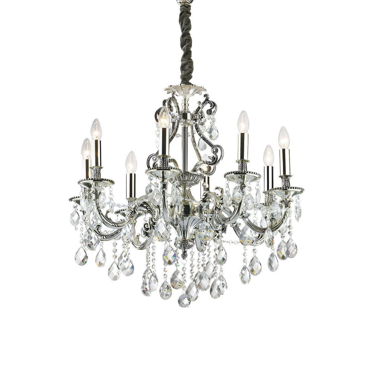 Introducing the Sonnet Crystal 8 Light Chandelier - Grey, a luxurious crystal chandelier featuring eight candle-shaped bulbs and ornate silver arms. It blends modern design with timeless elegance and is adorned with cascading crystal ornaments, creating a sparkling display that epitomizes luxury lighting.