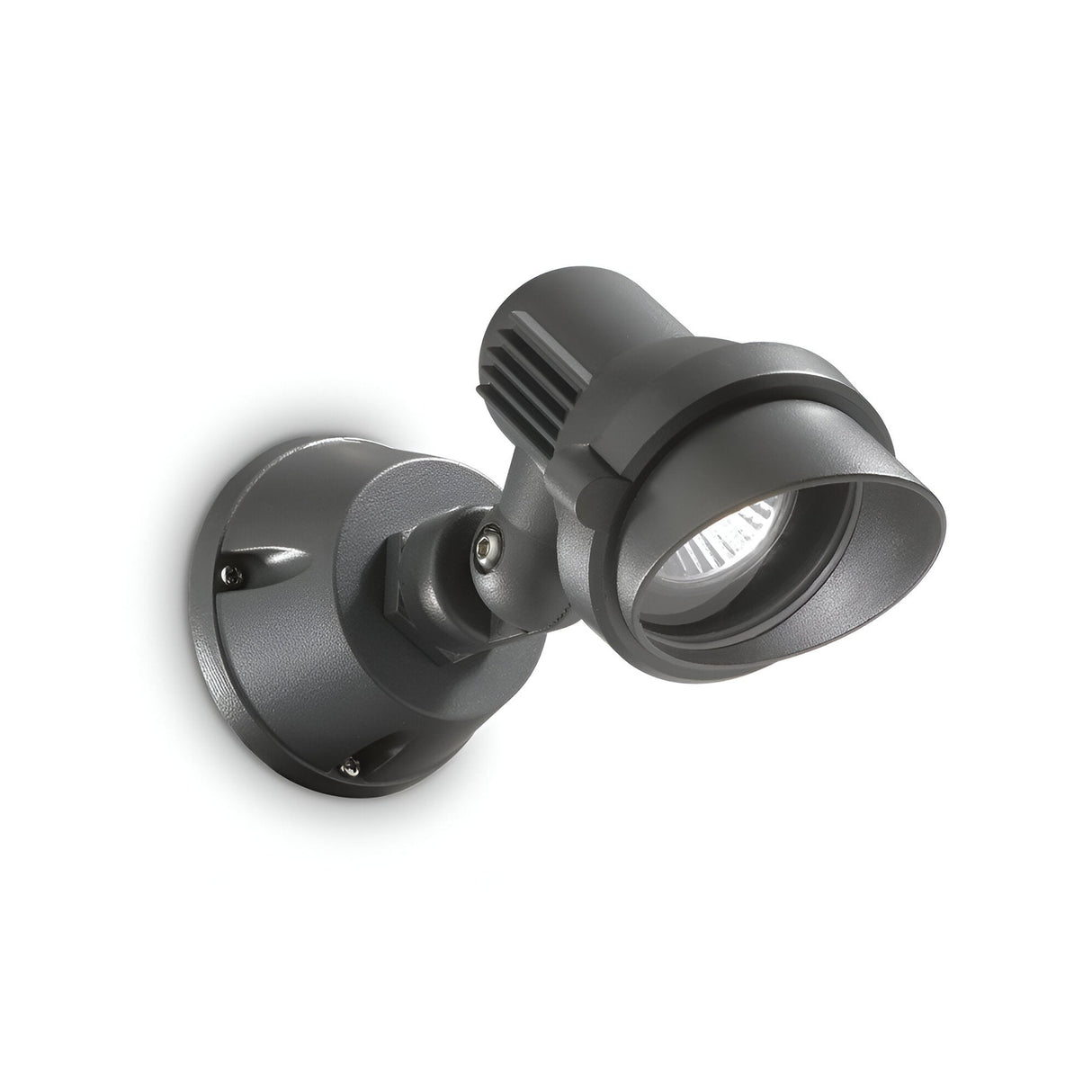 Introducing the Vespera Small Outdoor Wall Light in Grey—a contemporary outdoor lighting solution crafted from cast aluminum. This sleek fixture features an adjustable spotlight mounted on a circular base and boasts an IP65 rating for weather resistance, making it ideal for directional exterior lighting.