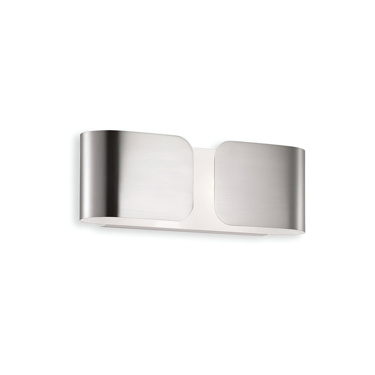 The Halox 2 Light Mini Wall Light - Chrome is a sleek, modern wall-mounted fixture featuring a brushed chrome finish with two elegantly curved sections that embody minimalist, contemporary design. This stylish accent light is beautifully displayed against a plain white background.