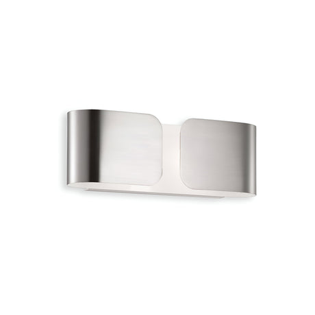 The Halox 2 Light Mini Wall Light - Chrome is a sleek, modern wall-mounted fixture featuring a brushed chrome finish with two elegantly curved sections that embody minimalist, contemporary design. This stylish accent light is beautifully displayed against a plain white background.