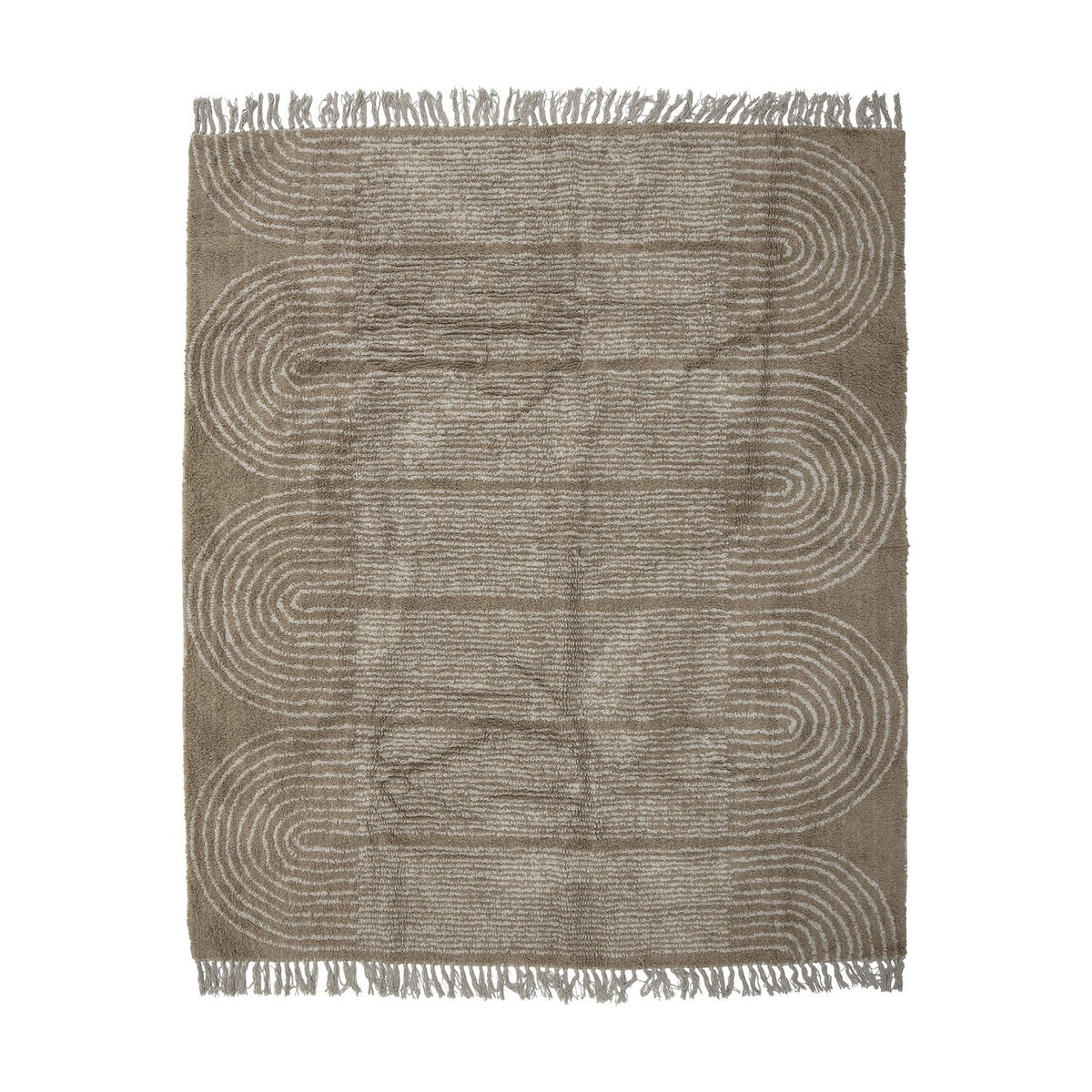 Zeynep Cotton Rug in brown, 215x150cm, featuring rounded arch patterns in lighter lines along each side and fine horizontal bands at the centre, shown with fringed edges on a plain white background.
