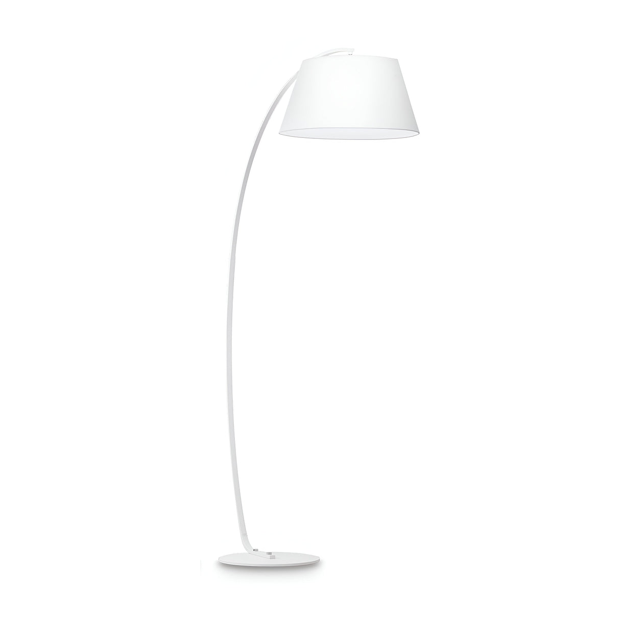 Introducing the Vellum Floor Lamp in White, featuring a sleek Scandinavian-style with an arched design and circular base. It includes a large, wide lampshade that angles downwards, showcasing its minimalist lighting design with clean lines and a contemporary appearance.
