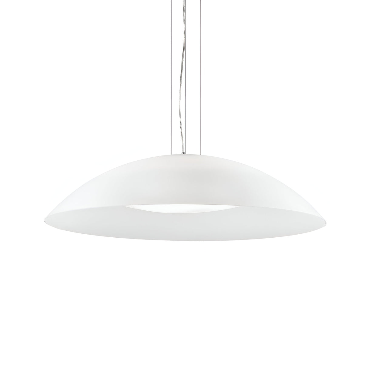 The Aurelia 3 Light Pendant in white, featuring a smooth dome-shaped design and measuring 74cm, elegantly hangs from a thin wire, making it an ideal choice for kitchen lighting against a plain white background.