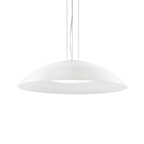 The Aurelia 3 Light Pendant in white, featuring a smooth dome-shaped design and measuring 74cm, elegantly hangs from a thin wire, making it an ideal choice for kitchen lighting against a plain white background.