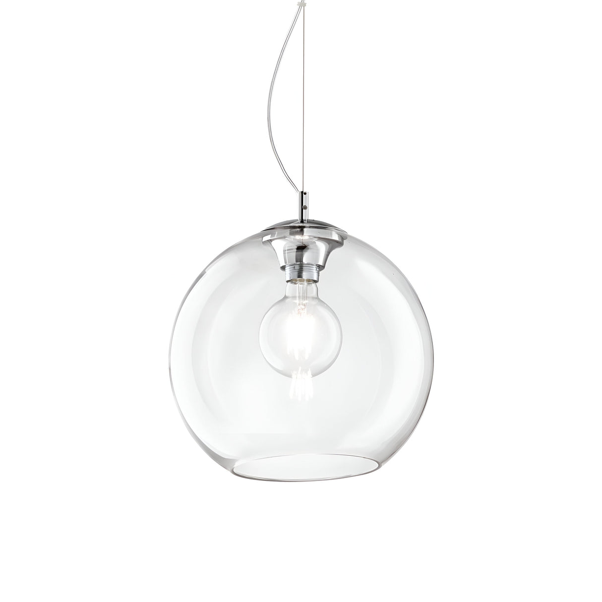 The Emberlyte 1 Light Glass Pendant - Chrome, featuring a clear spherical shade and chrome fixture, houses a single bulb suspended from a thin wire. This sleek and minimalist design provides dimmable lighting, making it ideal for contemporary interiors.