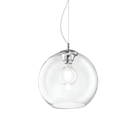 The Emberlyte 1 Light Glass Pendant - Chrome, featuring a clear spherical shade and chrome fixture, houses a single bulb suspended from a thin wire. This sleek and minimalist design provides dimmable lighting, making it ideal for contemporary interiors.