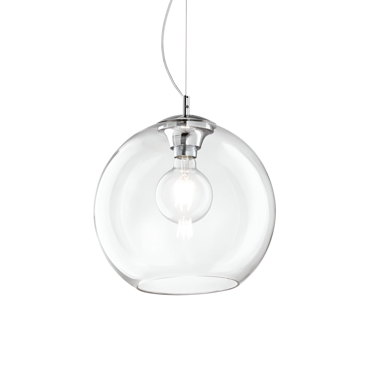 The Emberlyte 1 Light Glass Pendant - Clear, 40cm exudes modern lighting elegance with its spherical shape and visible bulb. This dimmable fixture is suspended by a thin wire, highlighting its minimalist design against a plain white background.