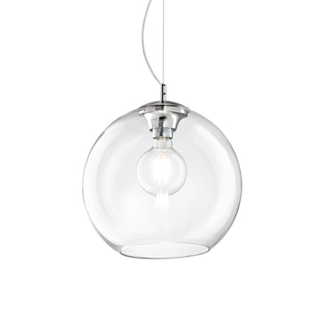 The Emberlyte 1 Light Glass Pendant - Clear, 40cm exudes modern lighting elegance with its spherical shape and visible bulb. This dimmable fixture is suspended by a thin wire, highlighting its minimalist design against a plain white background.