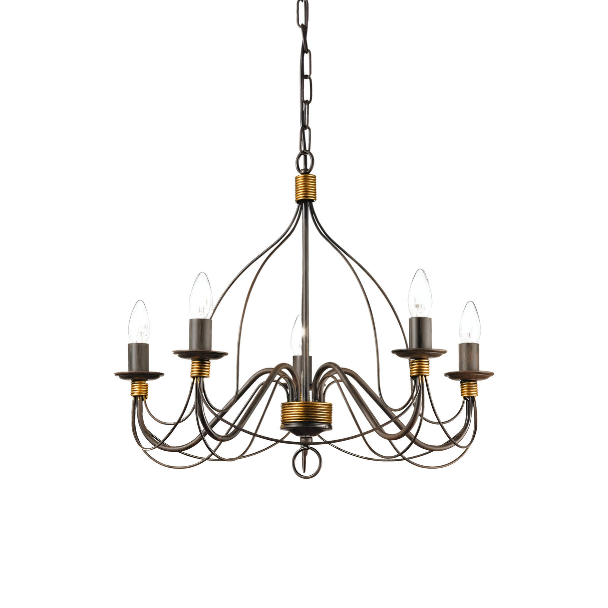 Introducing the Seraph 5 Light Chandelier - Copper, which beautifully combines artisanal craftsmanship with its elegant black metal frame and striking copper accents. This chandelier features gracefully curved arms and exposed bulb sockets, all suspended from a sophisticated chain, creating a stunning focal point in any room.