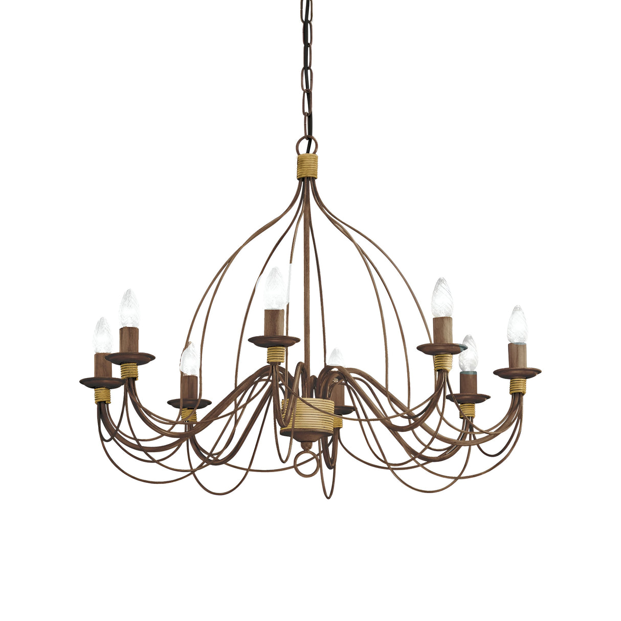 Introducing the Seraph 8 Light Chandelier - Copper, a luxurious lighting fixture that beautifully combines vintage style with craftsmanship. This chandelier showcases eight candle-like bulbs on elegantly curved, handcrafted metal arms. With its stunning copper finish and chain suspension, it effortlessly brings an elegant and classic touch to any decor.
