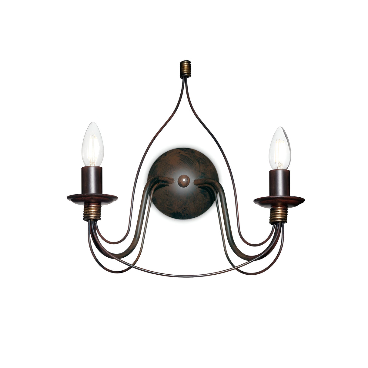 The Seraph 2 Light Wall Light in dark brown showcases artisanal metalwork, featuring two flame-shaped bulbs on elegantly curving metal arms and a central round mount.