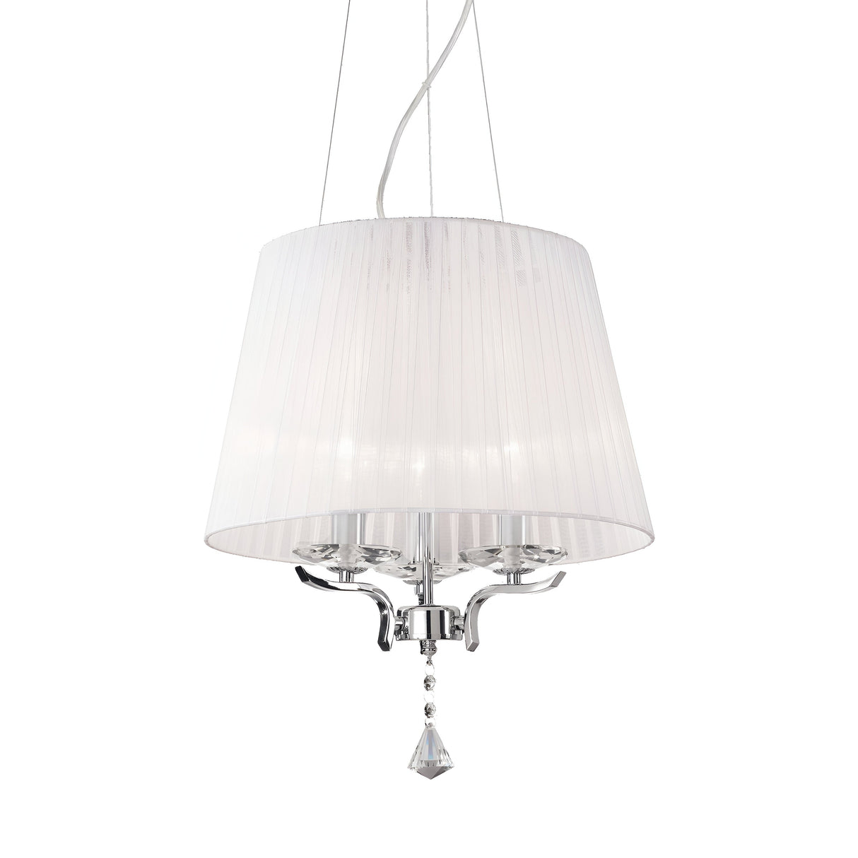 Introducing the Solum Crystal 3 Light Suspension - White, a contemporary pendant chandelier showcasing a pleated white drum shade, chromed metal frame, and finely cut crystal ornament. Its sleek design is ideal for any stylish interior setting.