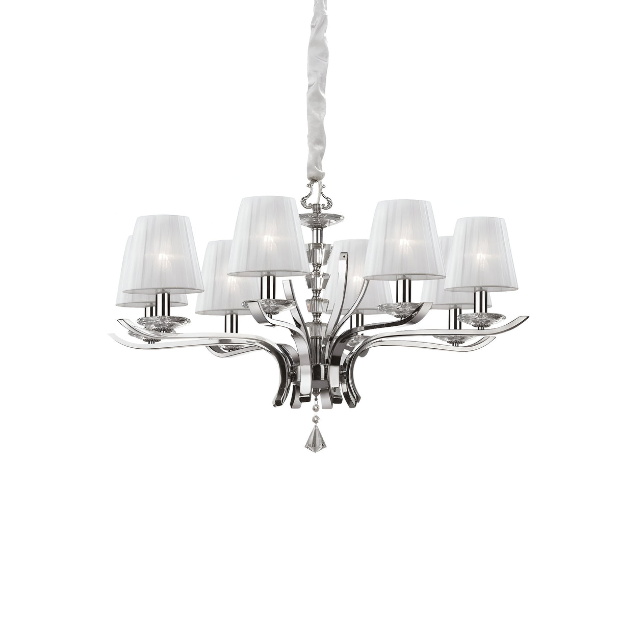 Introducing the Solum 8 Light Chandelier - Grey, a contemporary lighting fixture featuring an elegant grey finish and eight lampshades made of white translucent organza fabric. This chandelier showcases elegantly curved arms embellished with crystal accents and suspends gracefully from the ceiling on a stylish chain.