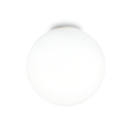 A Lyria 1 Light Flush fixture, featuring a round, white design with a 40cm diameter, is set against a plain white background. The light is turned on, casting a soft and even glow through its spherical diffuser.
