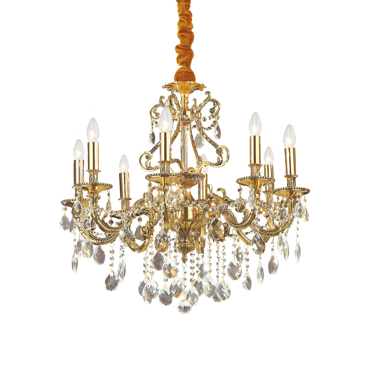 The Sonnet Crystal 8 Light Chandelier - Gold is an opulent and decorative lighting fixture adorned with crystal pendants. It showcases multiple candle-style lights, each fitted with a white bulb, suspended from an orange chain. This chandelier boasts elegant curves and intricate details.