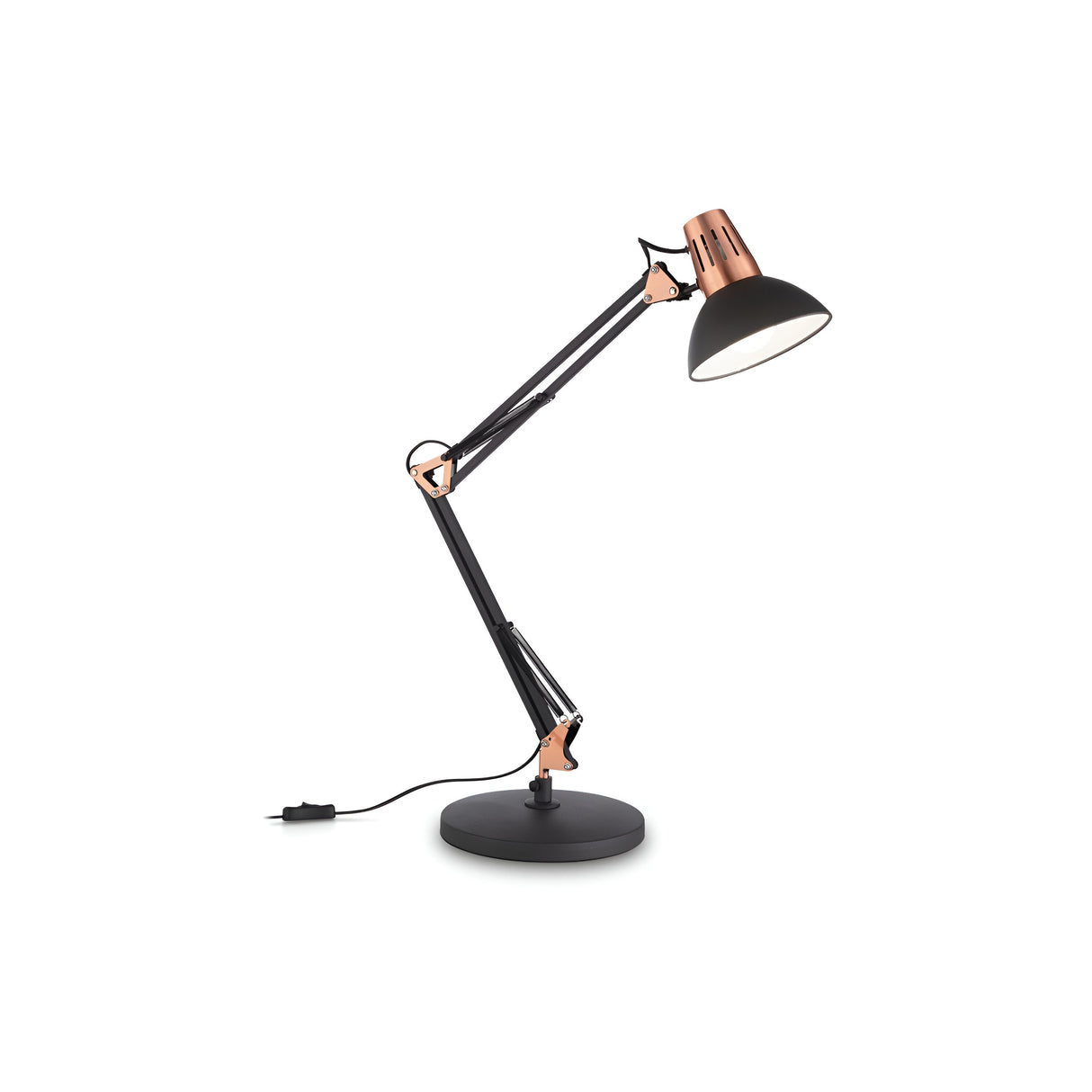 The Maive Table Lamp - Black/Copper features an elegantly angled arm and dome-shaped shade, with a stylish black and copper finish. Designed for convenience, this adjustable desk lamp rests on a circular base and includes a visible plug and switch on its cord.